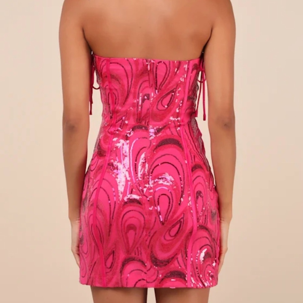 Lulus Enticing Sparkle Hot Pink Sequin Lace-Up Strapless Mini Dress - Picture 2 of 8